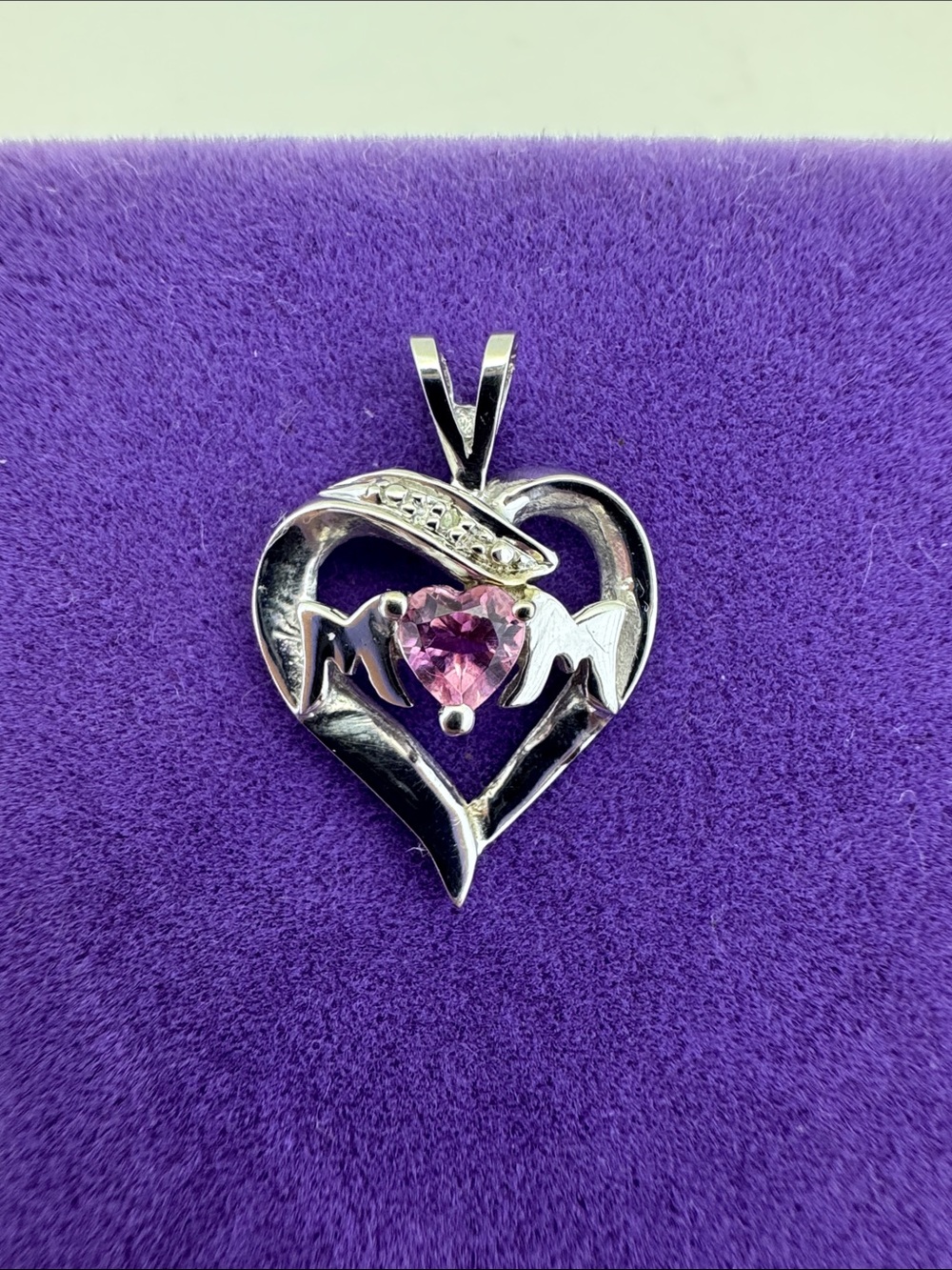 💛 Classic 10k White Gold Mom Pink Topaz Heart Pendant | Diamond Accents